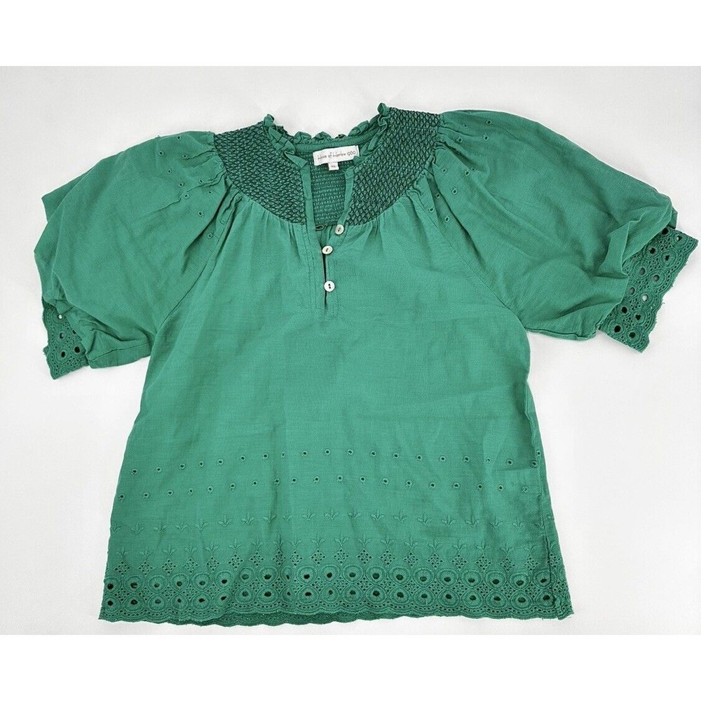 House of Harlow Cottage core Ruffle Eyelet Blouse Size Xs Short Sleeve Green